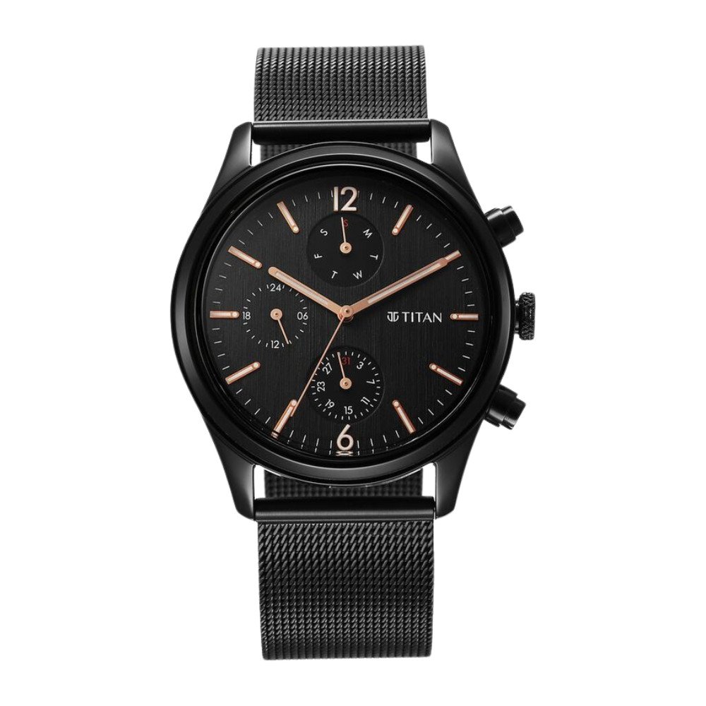 5Q9e5gEOnt1SO95SpfQQPps7VzuRVZkb9l9AZO0p Titan Neo Black & Gold Quartz Analog with Day and Date Black Dial Stainless Steel Strap Watch for Men 1805NM05