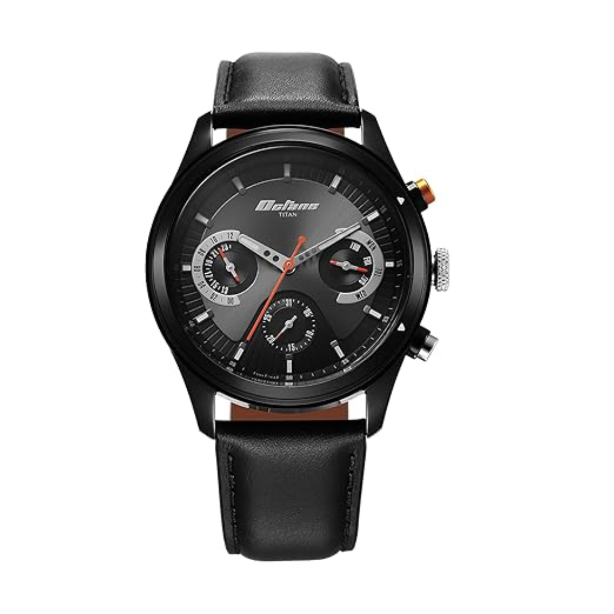 Titan Octane Quartz Multifunction Black Dial Black Leather Strap Watch for Men - NT1805KL02 Titan Octane Quartz Multifunction Black Dial Black Leather Strap Watch for Men - NT1805KL02